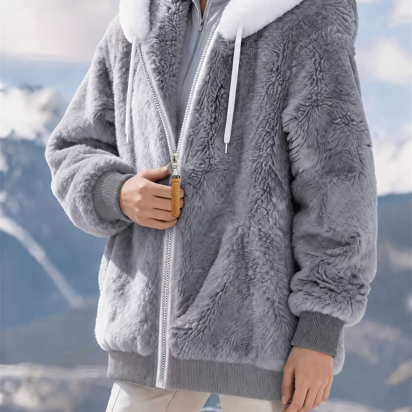 TEMU Damen Herbst/Winter Freizeit-Plüsch-Jacke mit Kapuze, lockerer Stil, mit Reißverschluss - Maschinenwaschbar