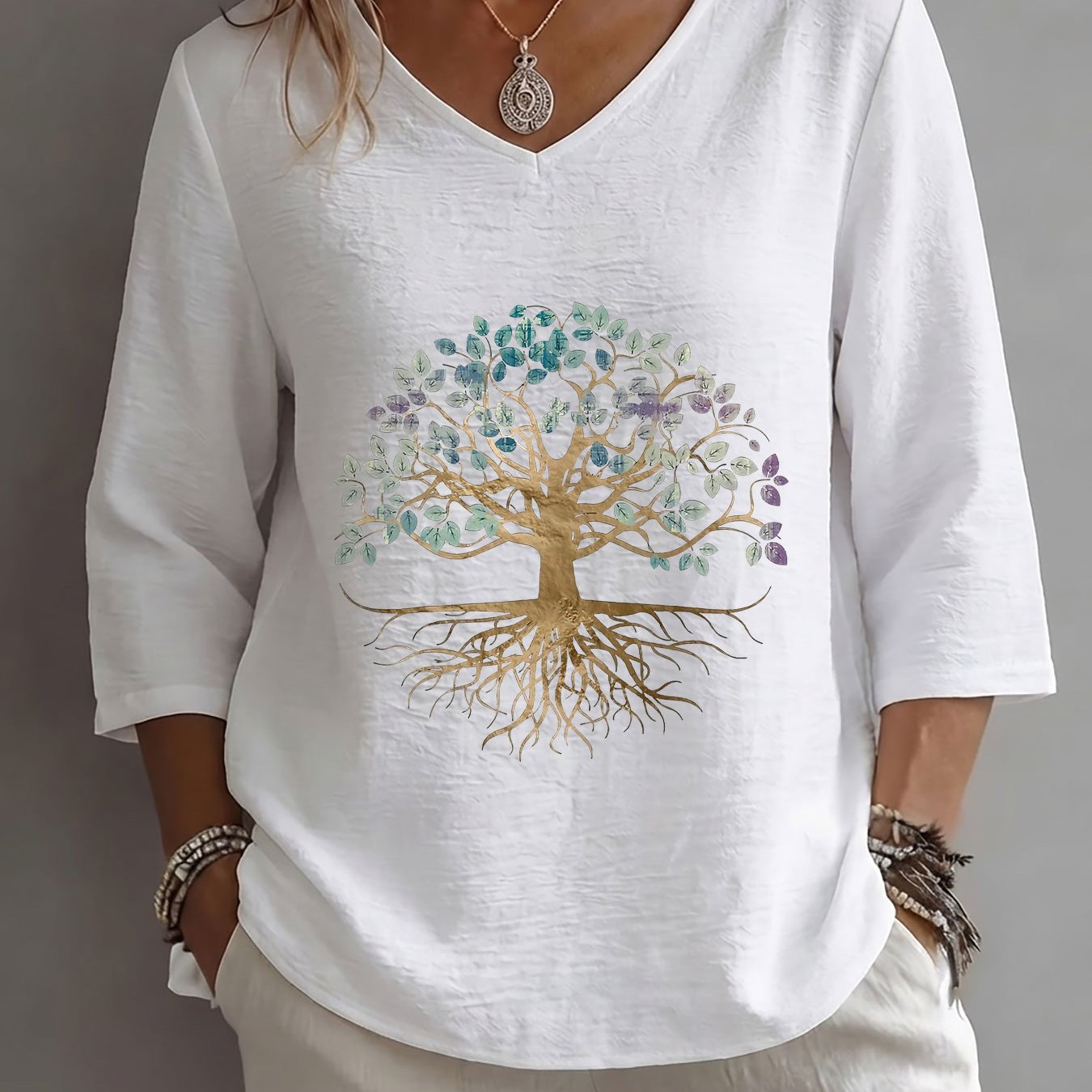 TEMU Spring/summer Casual 's Top, Tree Root And Leaf Print, Loose V-neck Three-quarter Sleeve Clothing