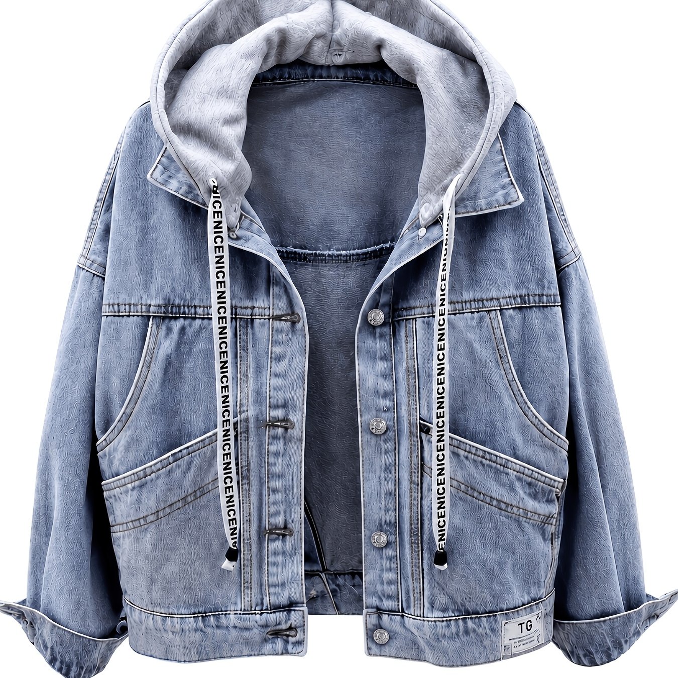Image of Women's Loose Fit Hooded Jacket - Vintage Washed Blue Denim Button-up Outerwear, Spring/autumn Commuting Casual Top