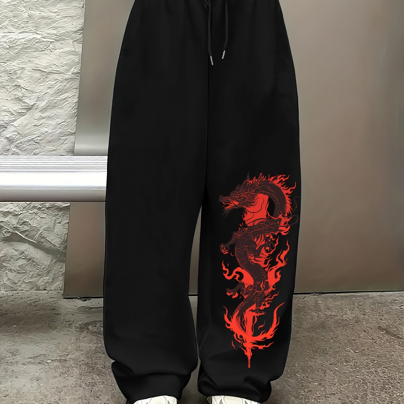 TEMU Women's Flame & Dragon Print Straight-leg Winter Pants - Elastic Drawstring Waist Casual Trousers, Thick Warm For Weather, Machine Washable