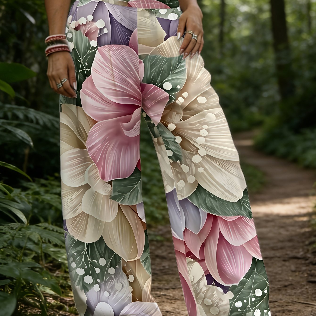 TEMU Women's Floral Print Straight-leg Pants, Perfect For, , Casual , And Garden , Featuring Vibrant Pink And Cream Blossoms With Green Leaves