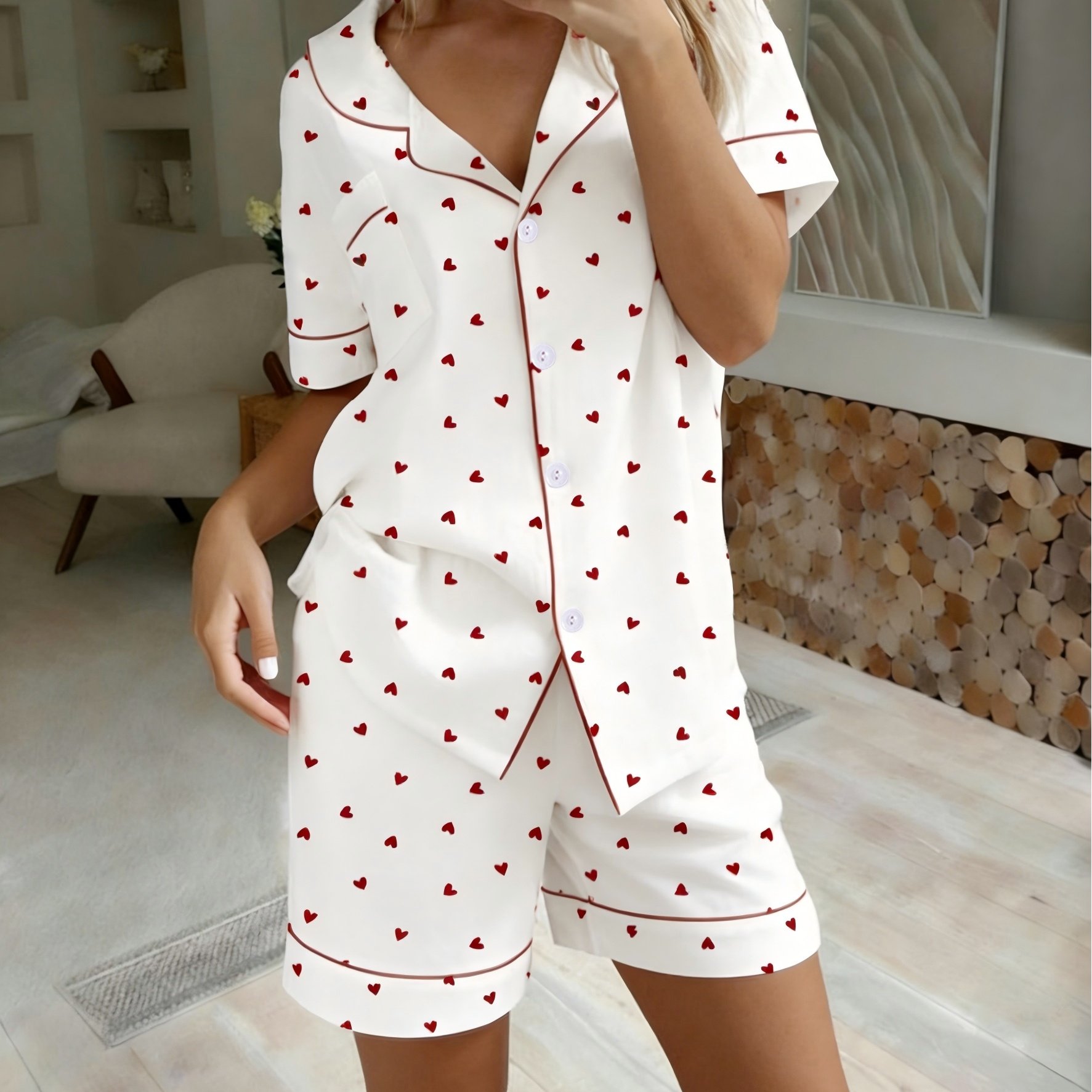 TEMU Women's Comfortable Sleepwear Set, Heart Print - Short Sleeve Collared Top And Elastic Waist Shorts, Machine Washable
