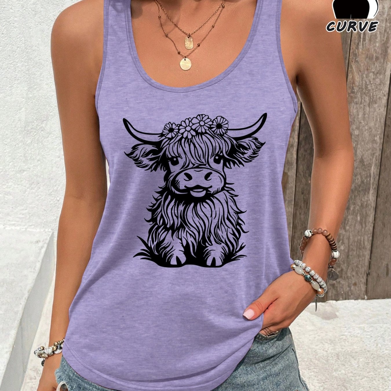 TEMU Plus Size - Plus Size - Highland Cow, Floral Headpiece Print Fashionable Casual Tank Top Pd125