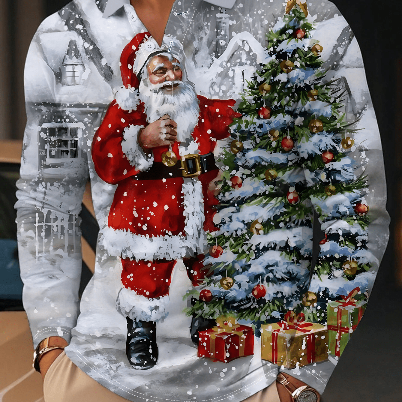 TEMU Men' Gray Lapel Long-sleeve Shirt, Featuring An Santa Claus And Christmas Tree Oil Painting With Snowflakes, Snowy Scenes, Gift Boxes, And Other