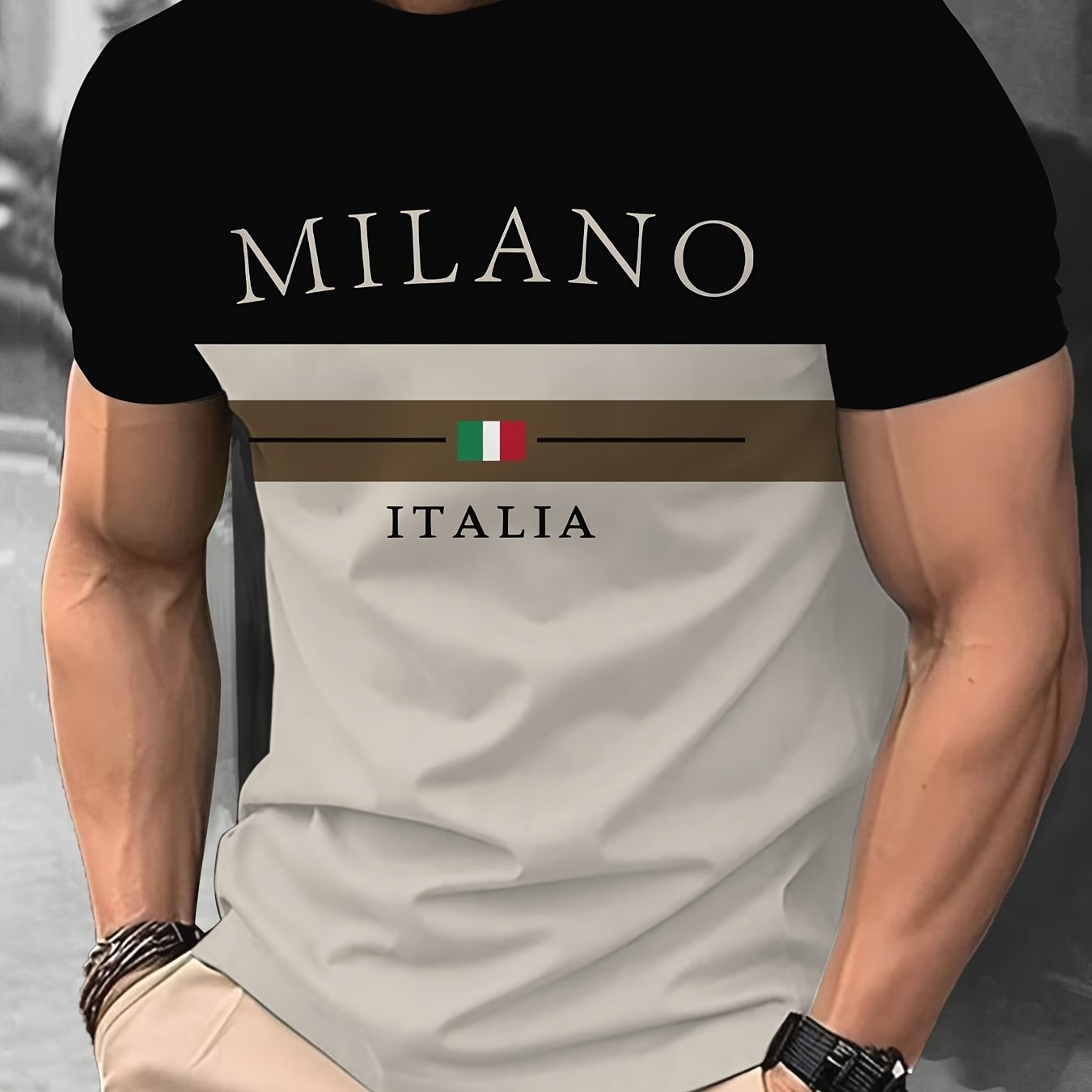 Easy Men's T-shirt, Stylish Italian Letter Graphic Tee, Casual Round Neck Men's Short Sleeve, Polyester T-shirt, Suitable For Summer Men's Short Sleeve Top