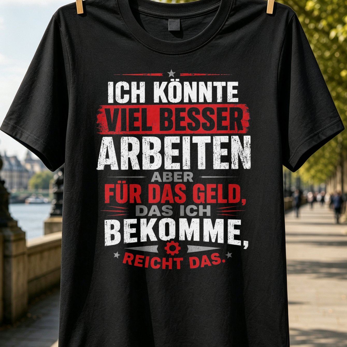 Image of Unisex Grunge T-shirt With "ich Könnte Viel Besser" Quote Print, Weathered Red Gray Suitable For Workplace Humor, Casual Round Neck Tee, Machine Washable For - Wear For Office Humor Gifts