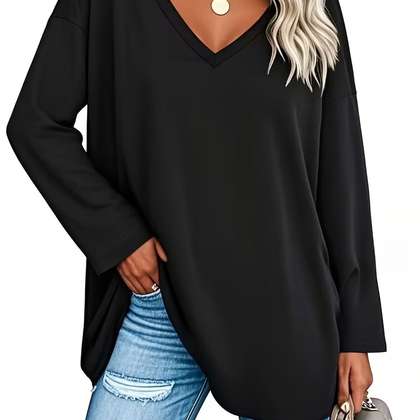 Women's Elegant Casual V-neck Long Sleeve Solid Color Top Soft, Comfortable, Versatile