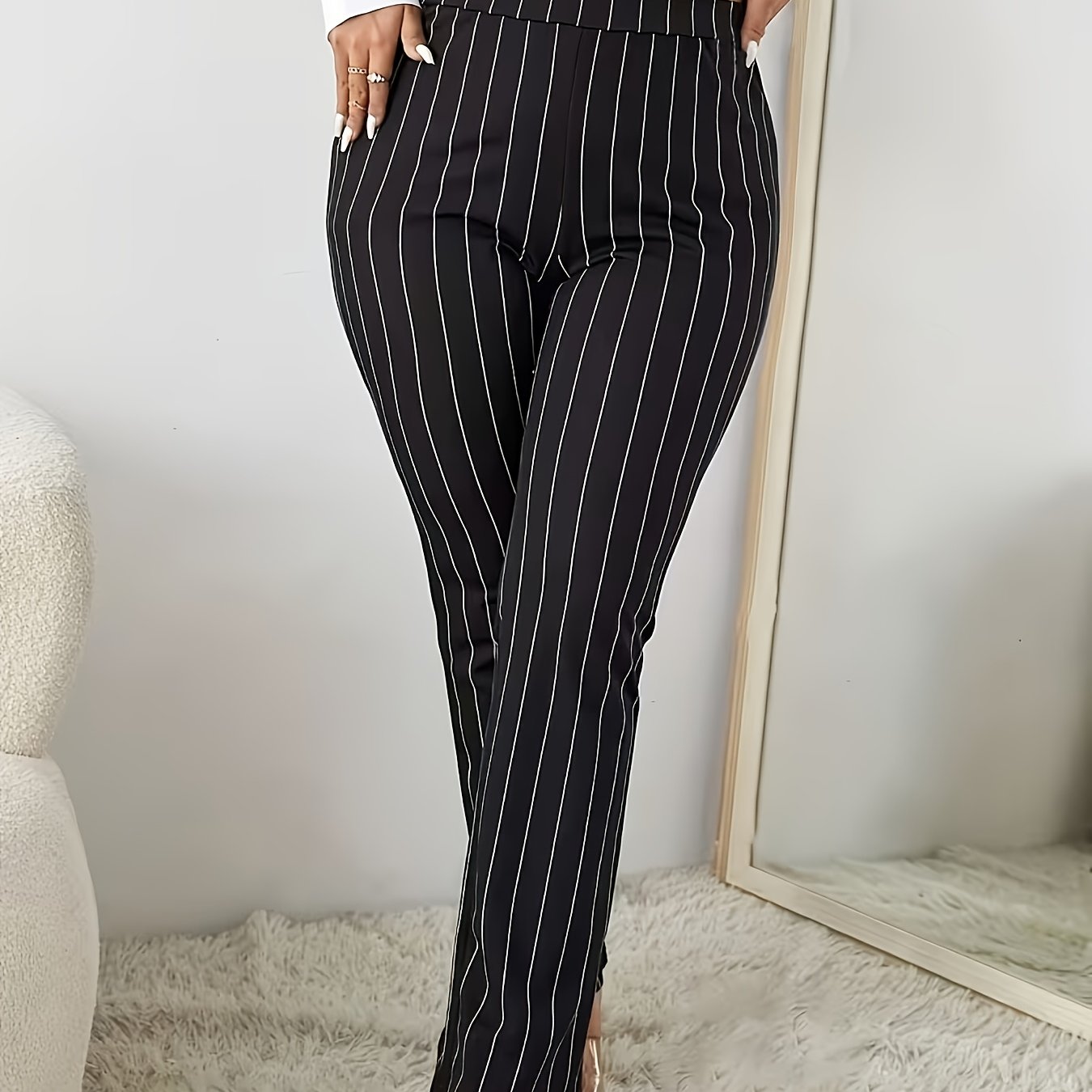 TEMU Plus Size, Ladies' Plus Size Elegant High-waisted Straight-leg Stretch Striped Pants