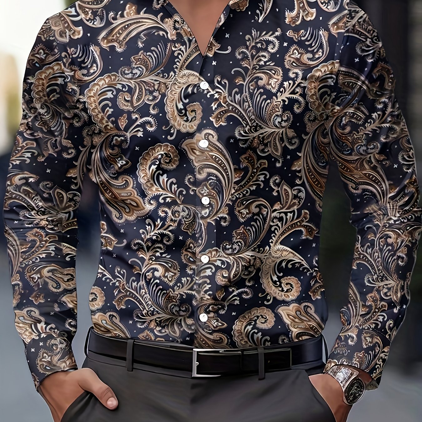 TEMU Men's Vintage Paisley Button-up Shirt - Vibrant Wavy Print, Lightweight Breathable Fabric, Regular Fit, Ideal For Outdoor Activities And Casual