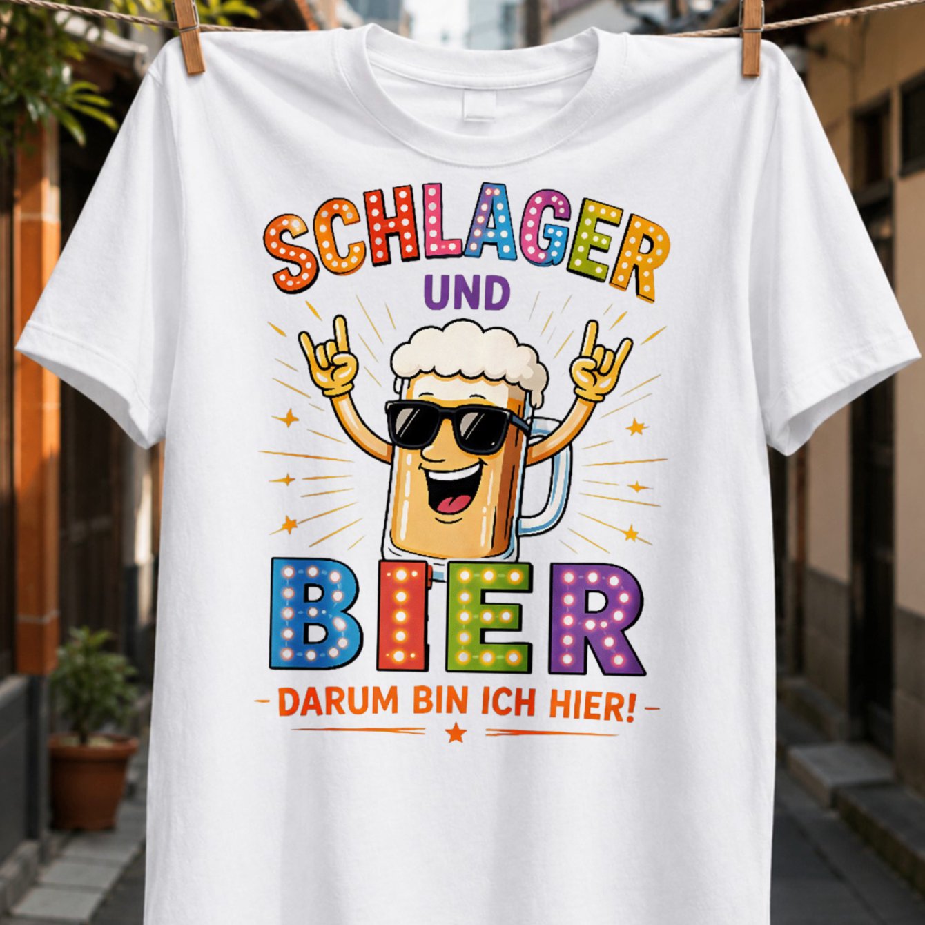 Image of Beer Themed T-shirt - "with & Beer That' Why I' Here" Print, Colorful Marquee Letters & Beer, Casual Round Neck Tee Suitable For Parties, Casual Attire, Machine Washable Apparel