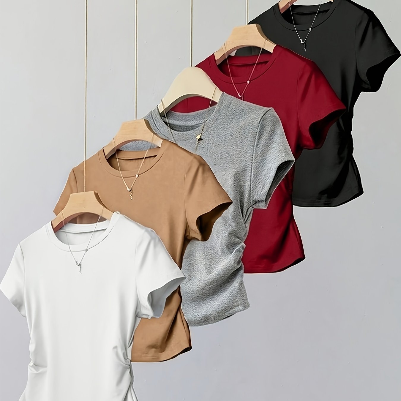 TEMU 5pcs Women's Spring/summer Short-sleeve Slim-fit T-shirts With Waist-defining Design. Suitable For And Casual