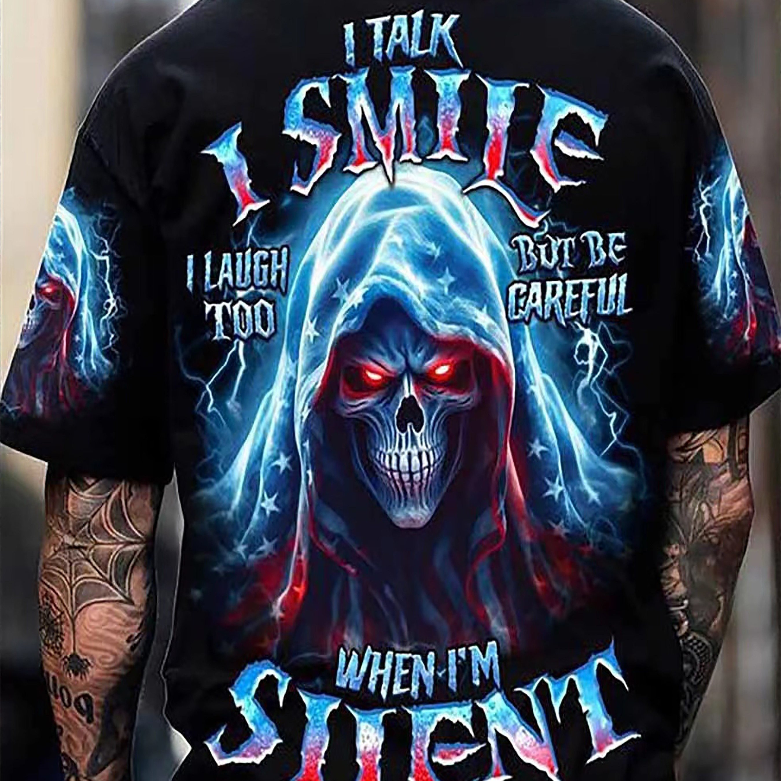 TEMU [printed Design Not Textured] Men' Starry Sky Lightning Skull Print Short Sleeve T-shirt, Tattoo Hard Guy Style, Skin-friendly And Comfortable