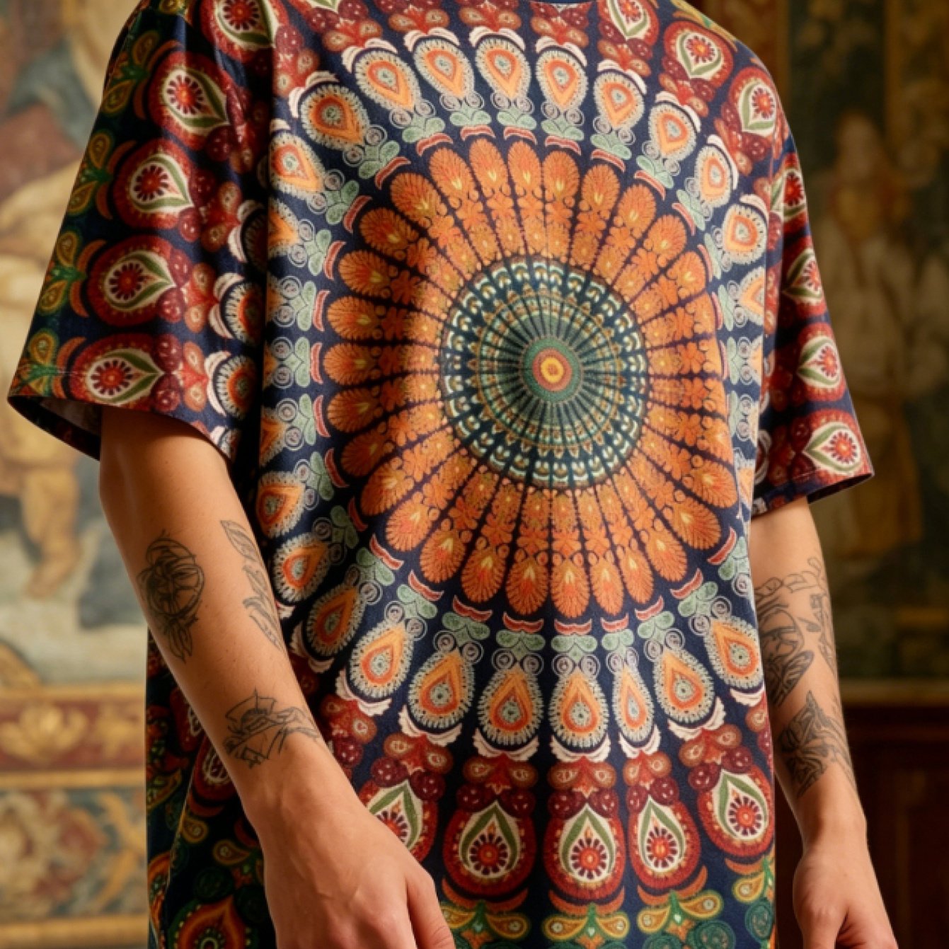 TEMU [printed Design - Not Textured], Printed T-shirt - Ethnic Vintage Style, Full Mandala Flower Print, Exotic Personality, Loose Short Sleeves,