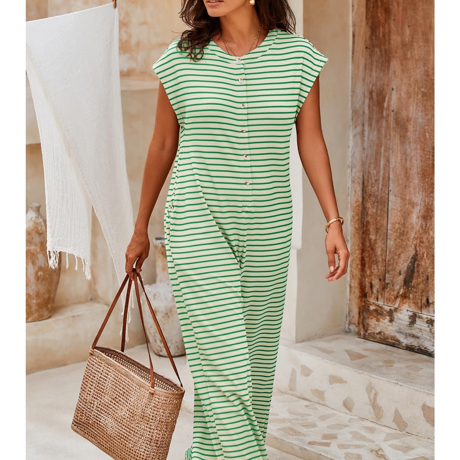 Casual Summer Jumpsuits For Women Featuring Wide Legs, Cap Sleeves, Neck, Button- Design, And Waffle Fabric