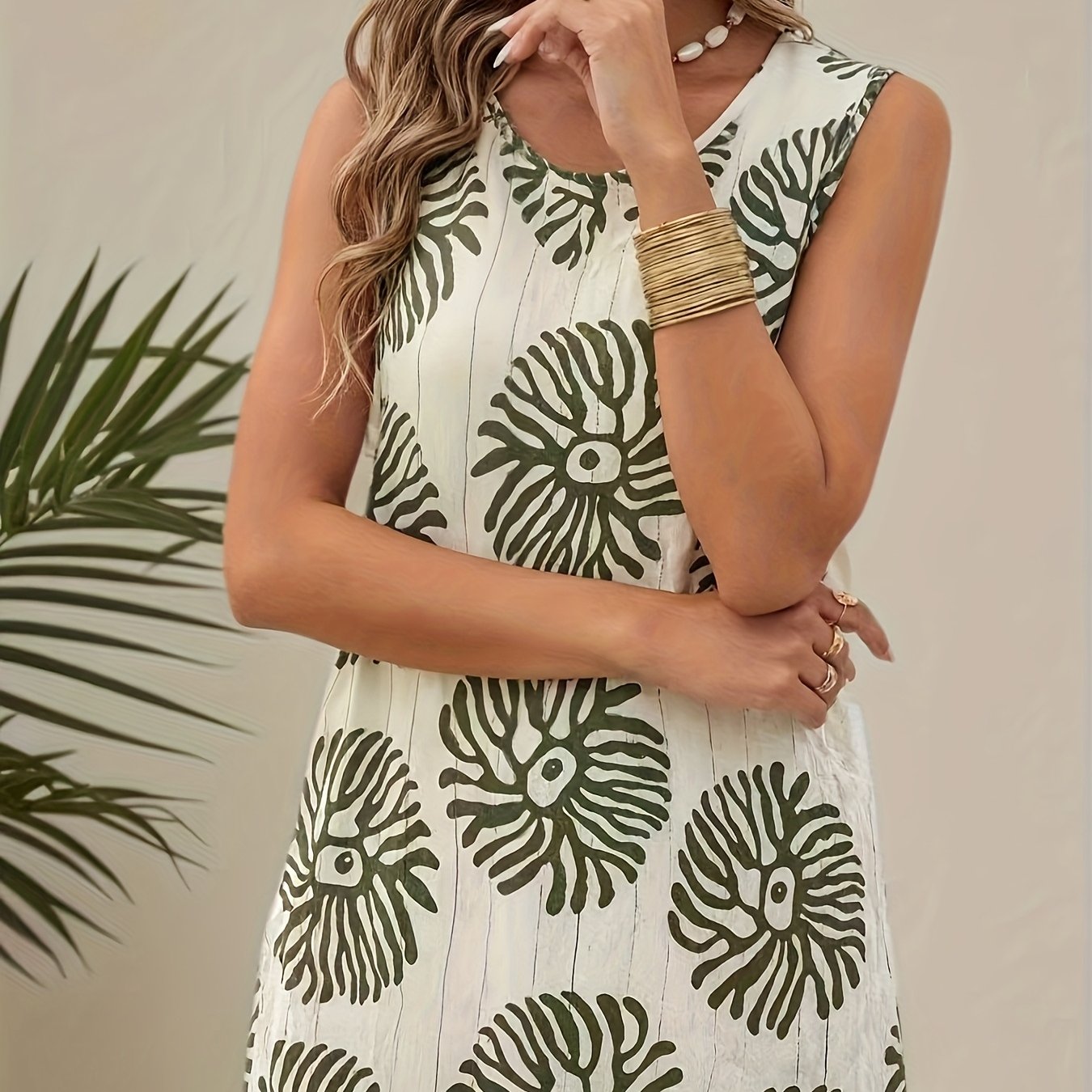 TEMU Plus Size - Plus Size - Plus-size Boho Vintage Dress - Ethnic Print, Round Neck, Sleeveless