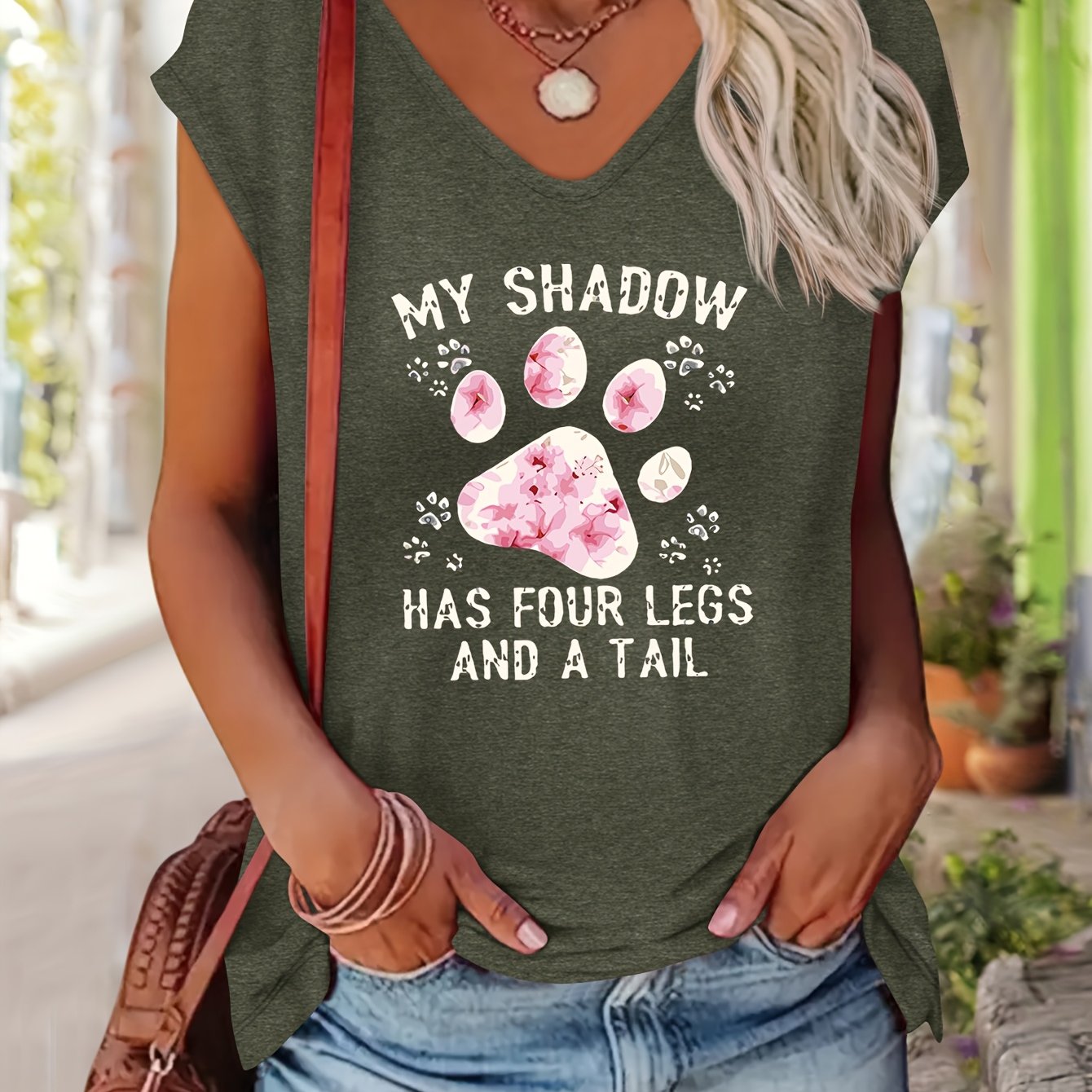 TEMU Women's Casual V-neck Short Sleeve T-shirt With Paw Print & Floral Print Graphic Design, " Has 4 Legs" Quote - Relaxed Fit, Medium Stretch,