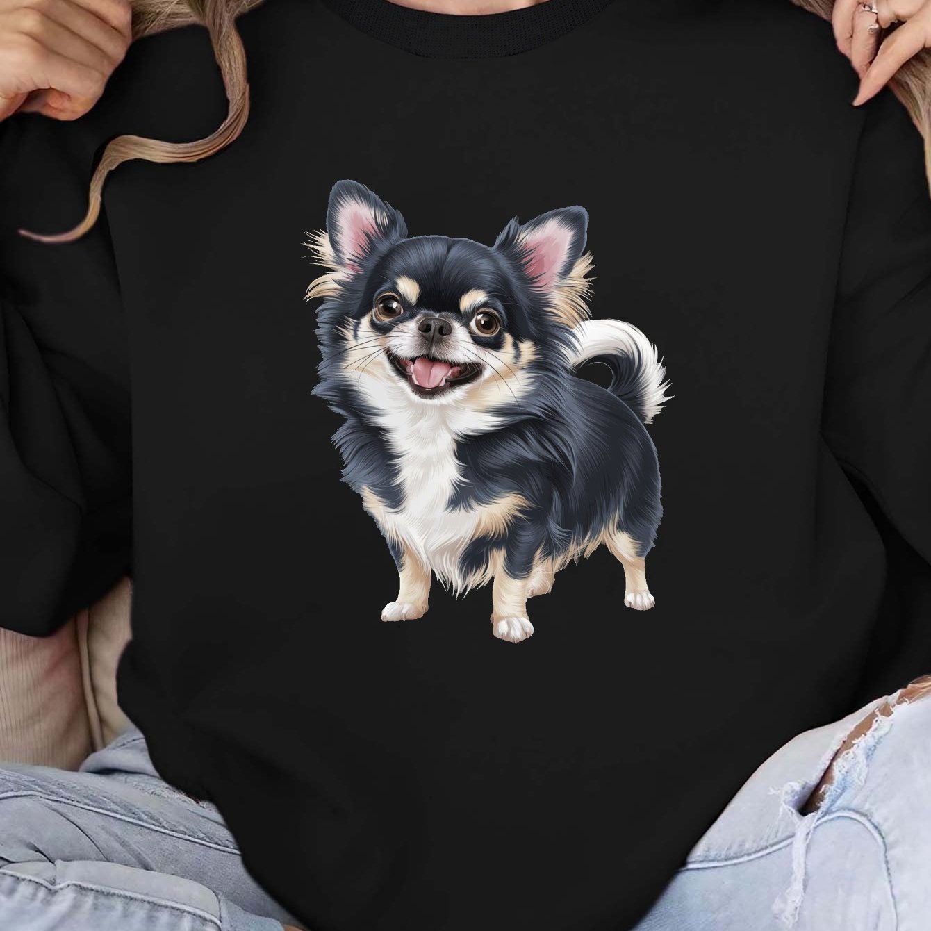 TEMU 女性用チワワ犬プリントスウェットシャツ - かわいいチワワパピーパターンとチョーカーカラー風ネックライン、暖かい長袖クルーネックプルオーバー、洗濯機対応冬用セーター（レギュラーフィット、耐久性のあるカジュアルウェア）