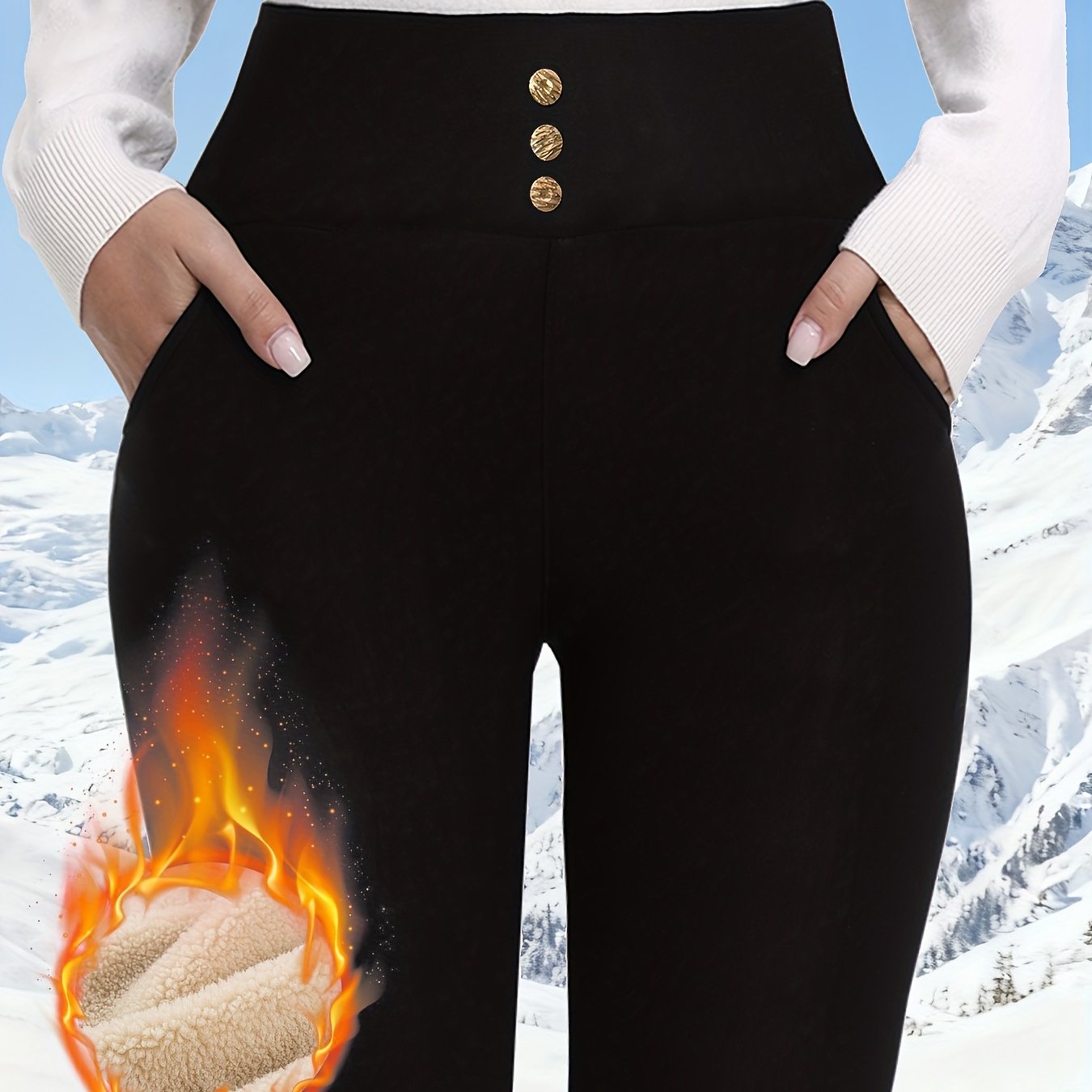 E-shop 1 Stück Damen High-Waist Warme Leggings, Yoga Hose mit Knopfleiste und Tasche, Bequem, Elastisch, Warm, Bequem für Herbst und Winter