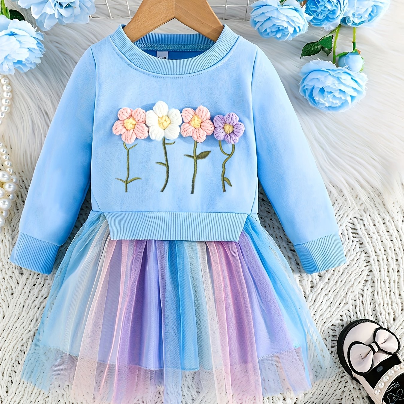 Image of Spring/autumn Style Infant Toddler Girls Round Neck Embroidered Long Sleeve Sweatshirt Colorful Mesh Casual Dress Targeted Development