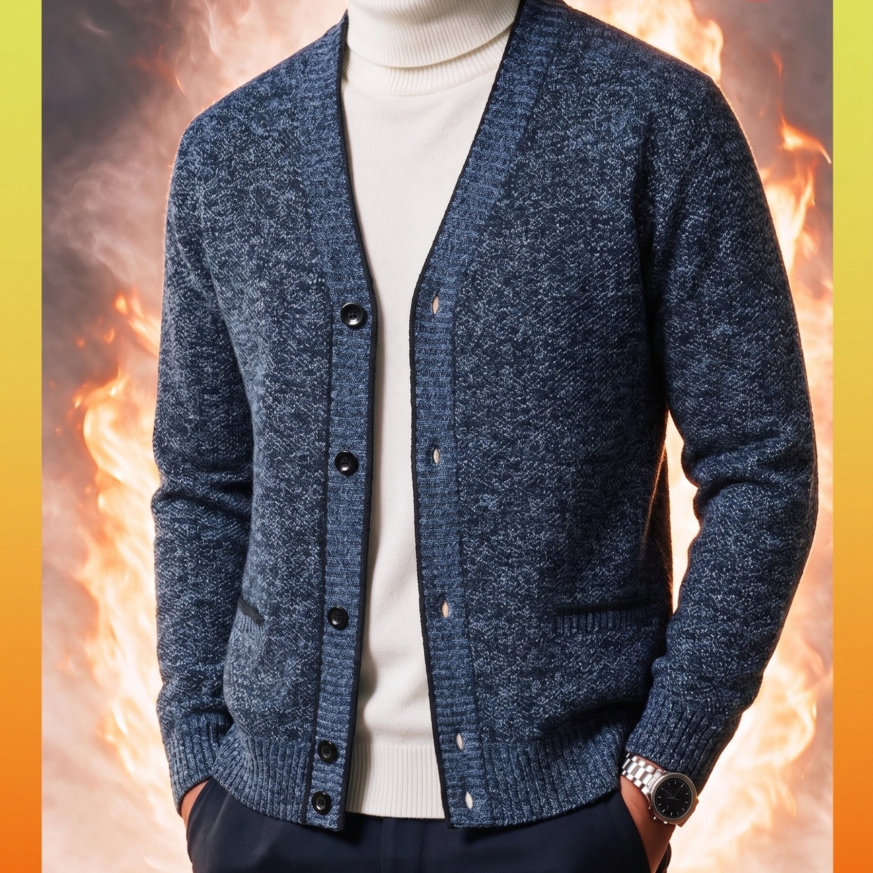 Image of Aw26 Gift Men's V-neck Casual Knit Cardigan | Autumn And Winter Style, Thickened, Solid Color, Long Sleeve, Fabric, Details, Autumn And Winter Must-have 1pc