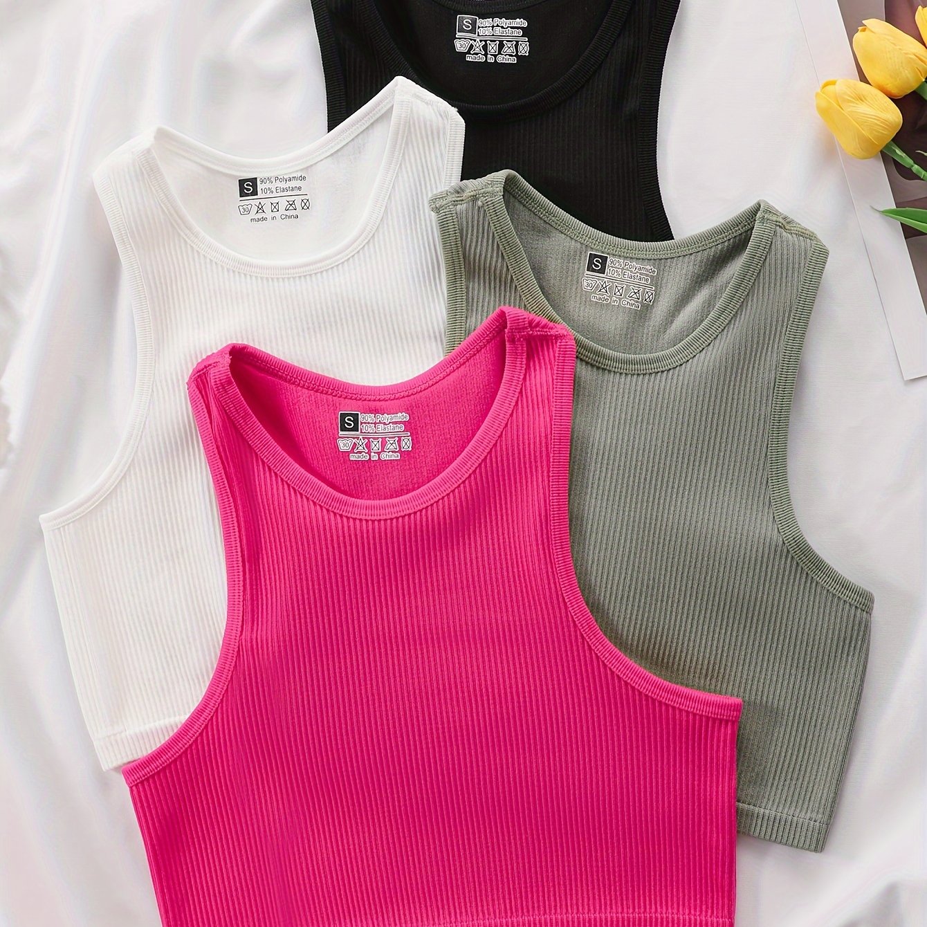 E-shop Vierer-Pack Ärmellose Sport-Tanktops für Frauen, Nahtlose Workout-Tops ohne Polsterung, Lockerer Sitz, Atmungsaktiv
