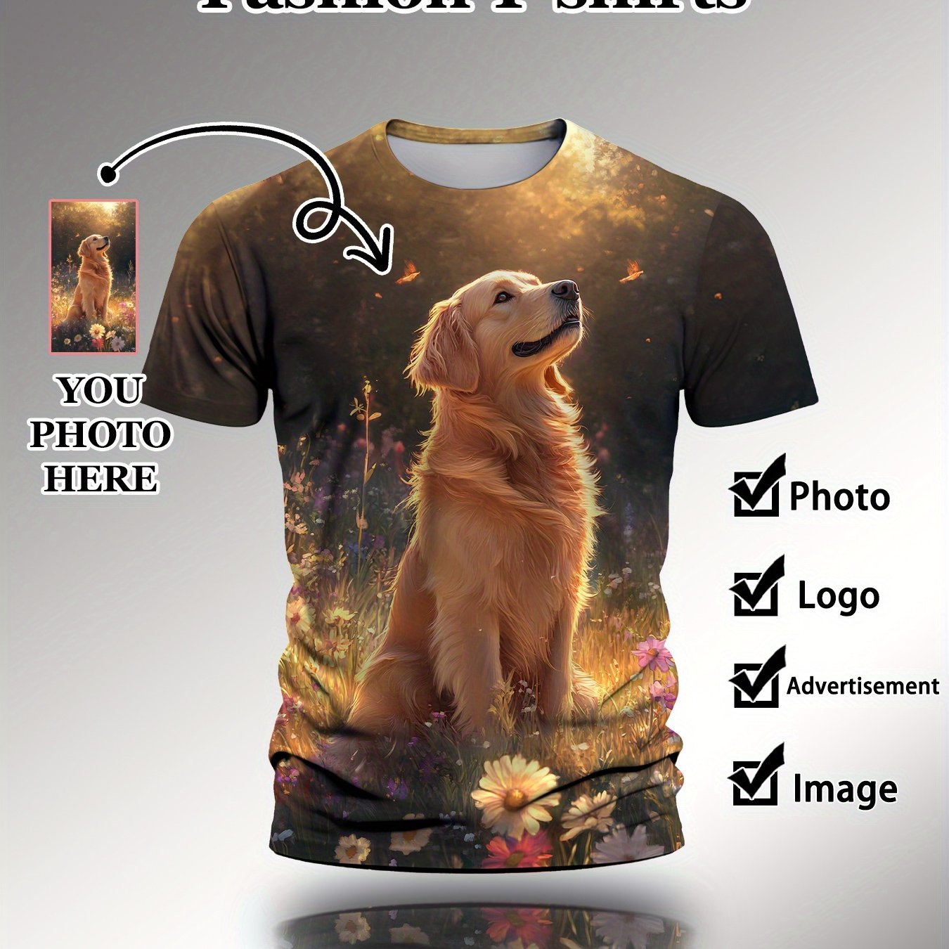 E-shop Individuelles 3D-Druck-T-Shirt für Männer & Frauen - Personalisiertes Haustierfoto-Design, Schnelltrocknendes Freizeit- und Sportshirt mit