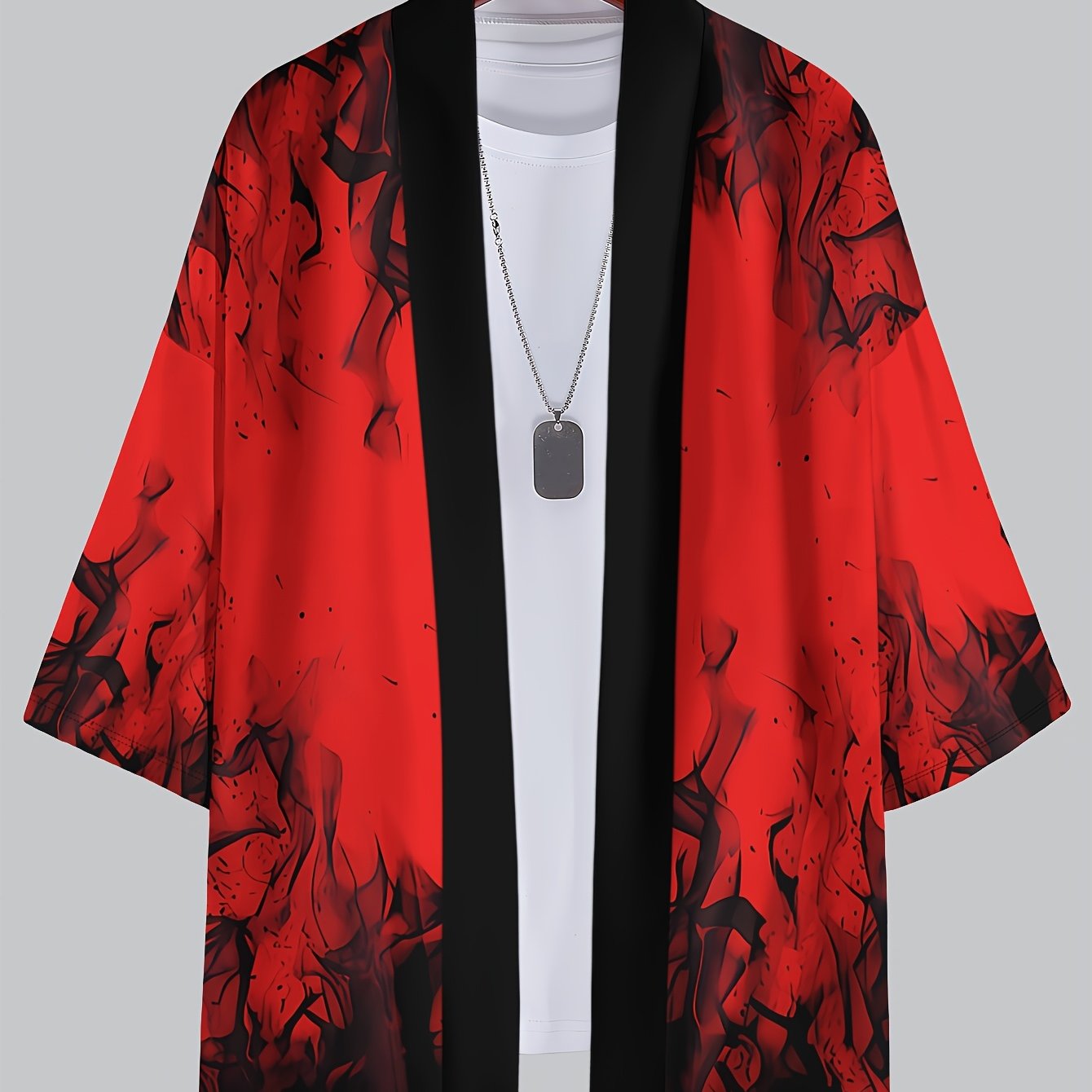 TEMU 's Casual 3d Red Base Black Pattern Flame Gradient Contrast Kimono Home Cardigan