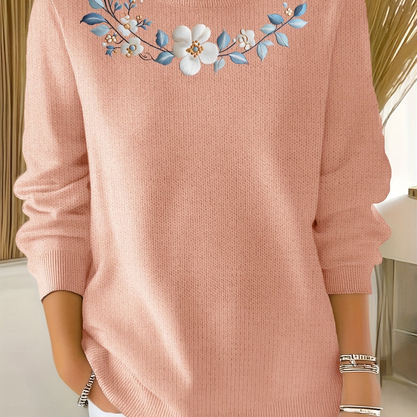 TEMU 2d Printed Embroidery-like Women's Commuter Versatile Fine Sweater, Comfortable Fabric, Long Sleeve Sweater With "flower Embroidery" Pattern