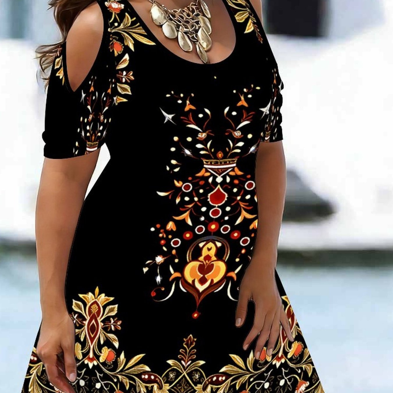 TEMU Plus Size - Plus Size - Summer Women's Fashion Printed Plus Size Off Shoulder Waist Slim Dress