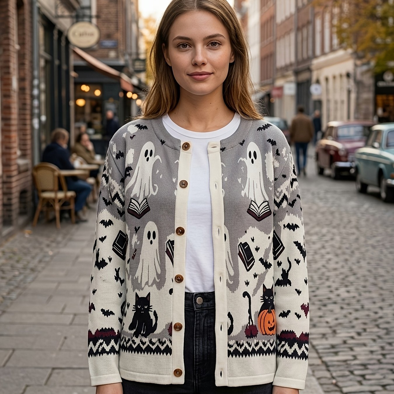 TEMU 2026 New Women's Sweater Cardigan For Autumn And Winter, Gray- Block With Ghost, Magic Book, Black Cat, Pumpkin, Bat Jacquard Patterns, Round