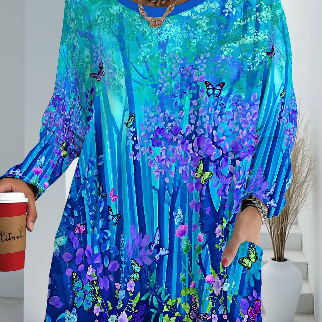 TEMU Women's Plus Size Loose Fit Long Sleeve Top With Pockets, Printed Fashion Casual T-shirt, 2026 Style Floral Pattern Versatile Top