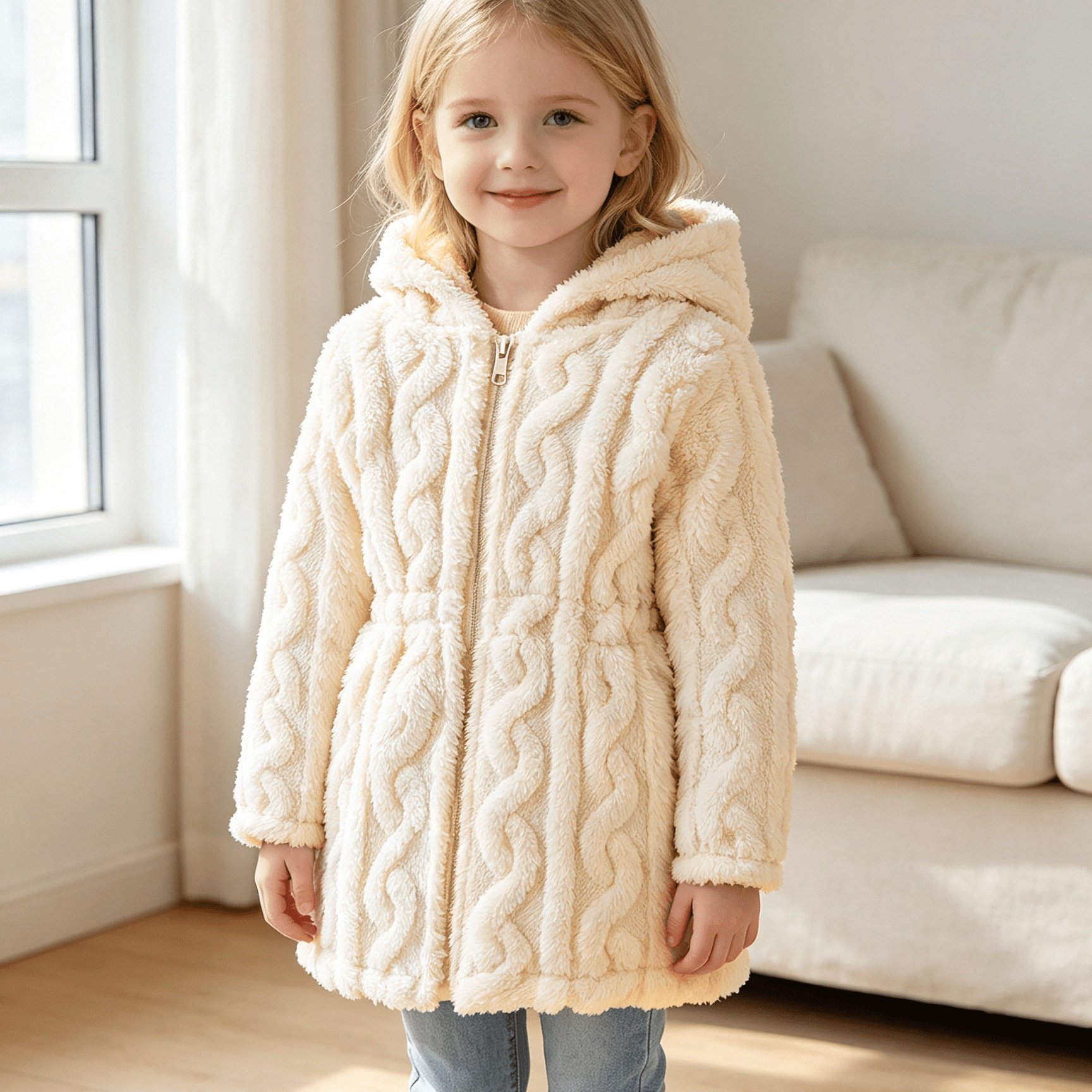 Image of Children's Winter Hooded Waist-cinching Zipper Ribbed Plush Coat, Autumn Style Versatile Fashion Trendy Soft Comfortable Warm Top, Girl Autumn/winter Plain Casual Hooded Plush Jacket