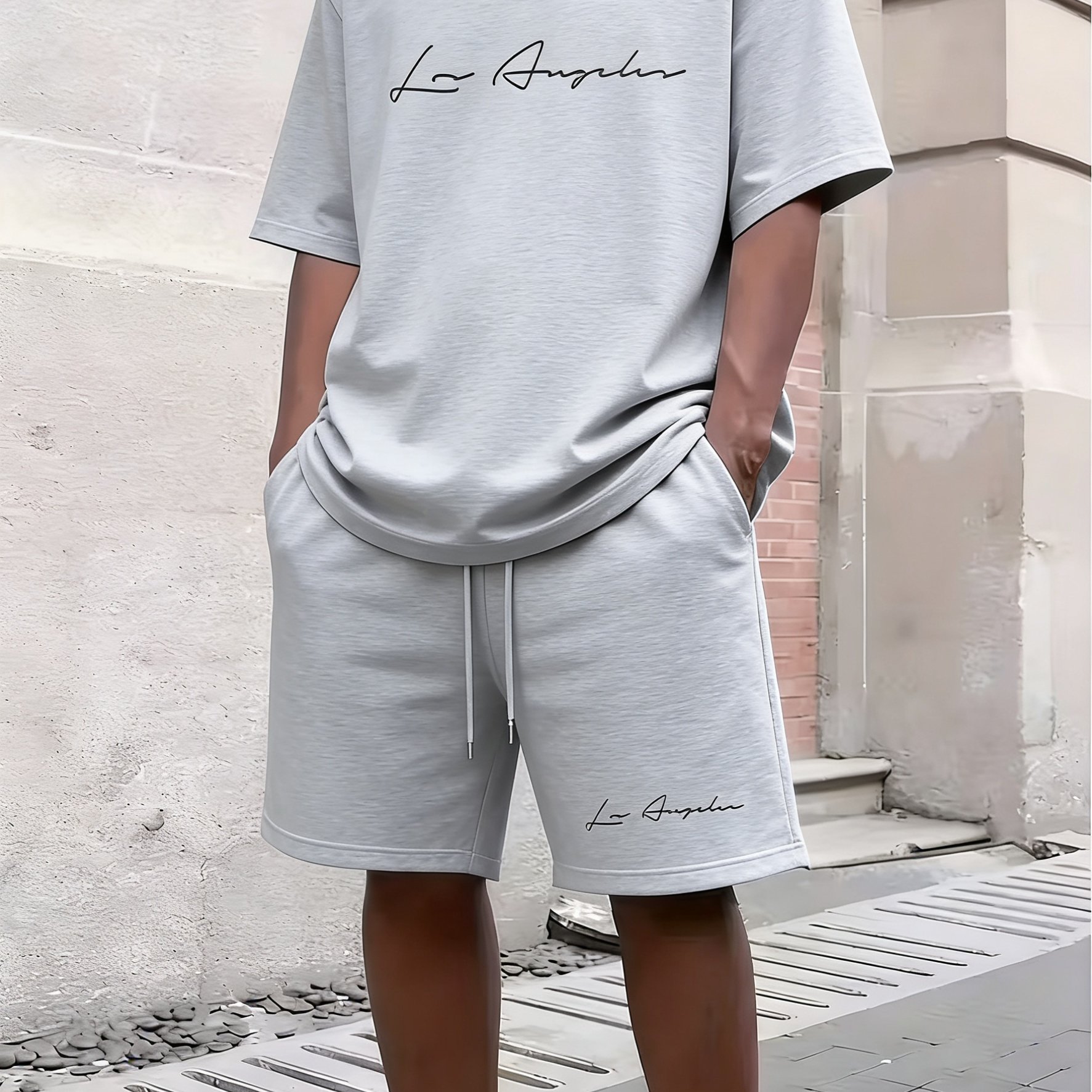TEMU Heren Casual 2-delige Set, Los Angeles Print, T-shirt met Korte Mouwen en Ronde Hals en Knielange Shorts, Polyester en Spandex Mix, Comfortabele