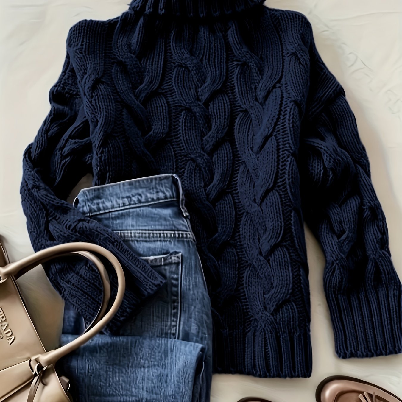 TEMU European And Size Women's Autumn/winter High-end Elegant Vintage Cable Pullover Turtleneck Sweater