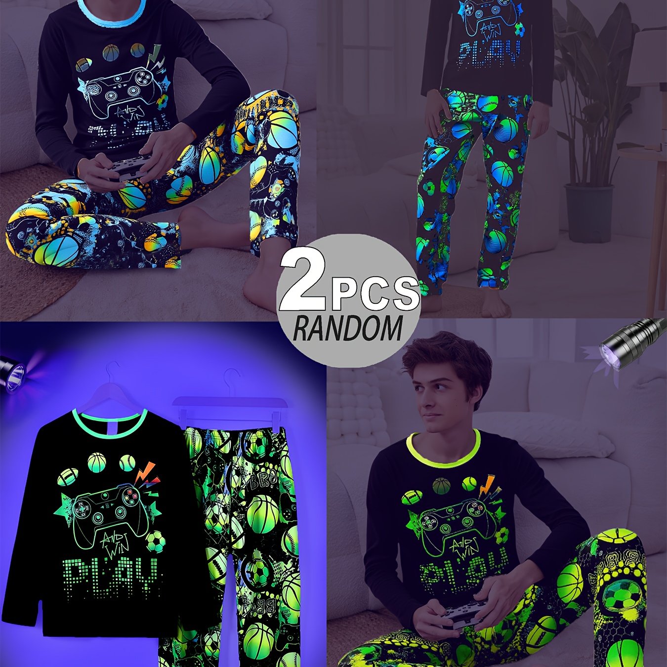 Image of 1 Set Of Random Color. Back-to- New Style For Tall Male Teenagers, Spring/summer/-in-the-dark Cool Long-sleeve Long-pants Loungewear Pajamas, 1 Set Sent. Suitable For , Student Dormitories, Or As