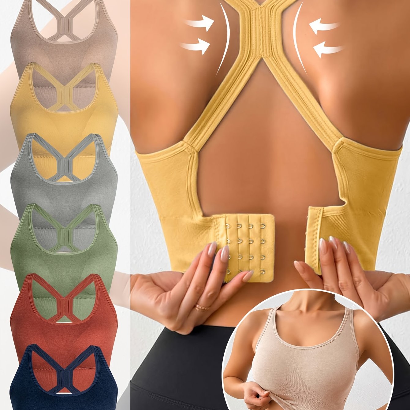 Image of 6pcs Set Women's Strap Backless Bra Removable Padding And Seamless Underwire Craft Soft And Comfortable Non-sweaty Running And Other Sports Scenes Full Stable And Non-shaking Support