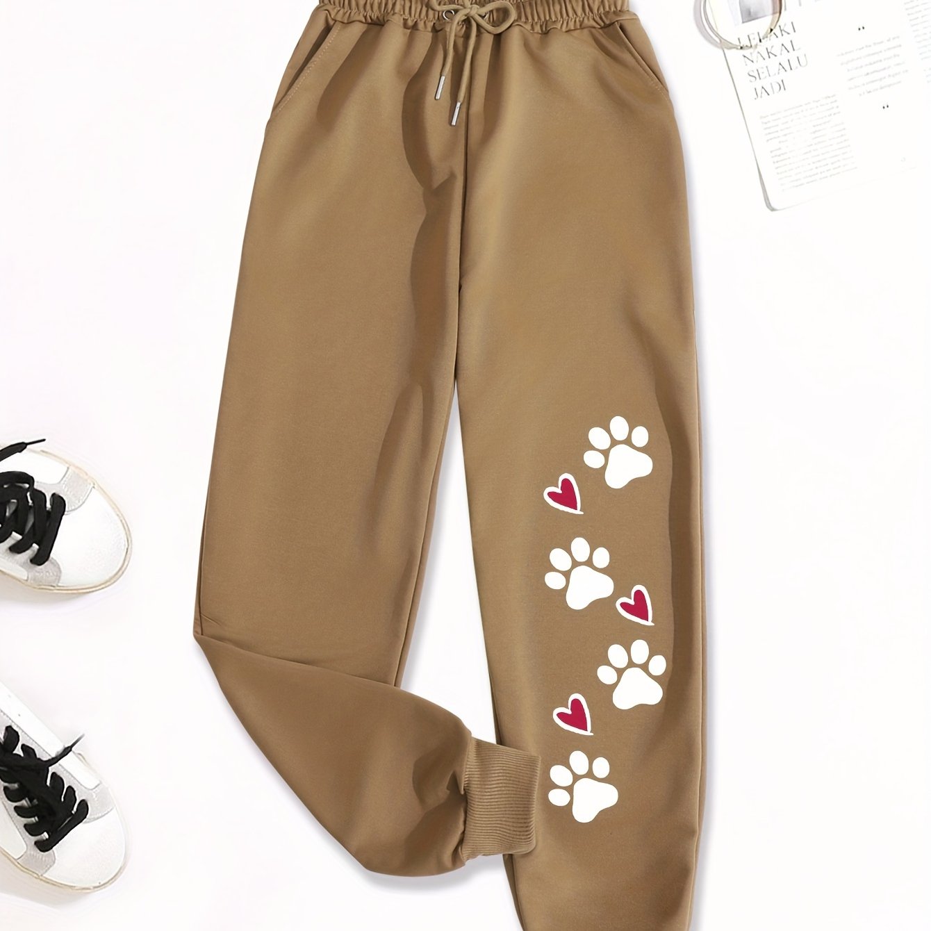TEMU 犬の足跡とハートプリント巾着スウェットパンツ、春と秋のかわいいルーズパンツ、婦人服
