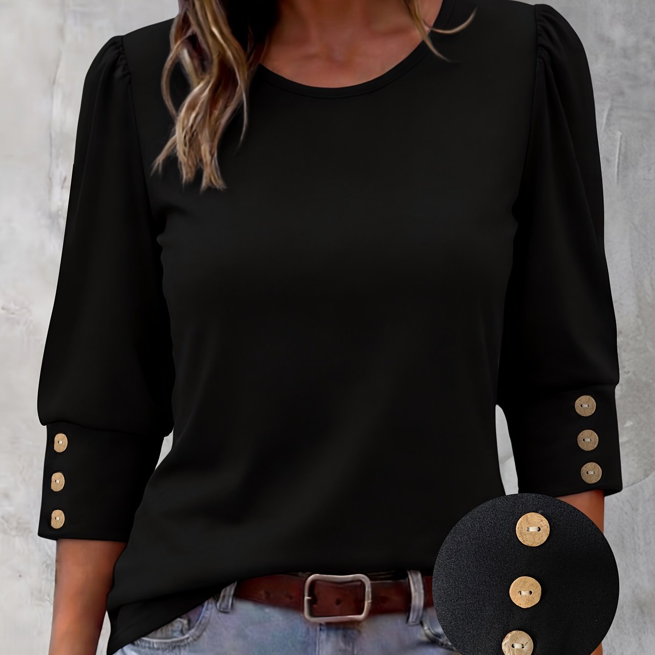 TEMU Women's Casual Round Neck Tie-button 3/4 Sleeve