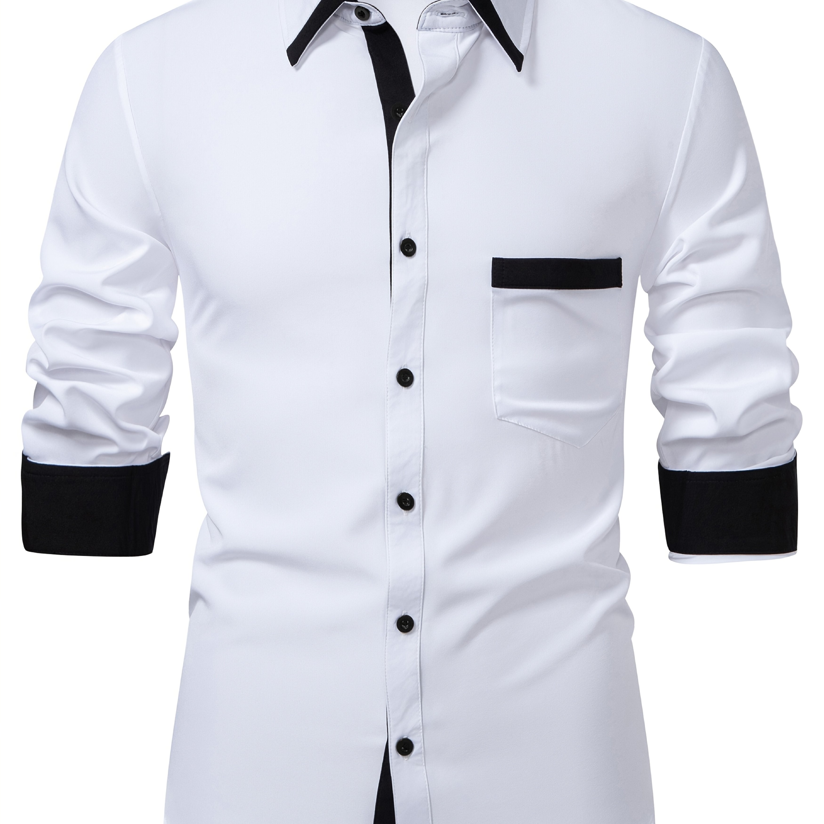 Image of Men's Fashion Contrast Color Long Sleeve Collared Shirt With Pocket, Outdoor Casual Men's Button Cardigan, Unique Men's Clothing, Chinese Size, Please Check The Size Guide , Smart Casual