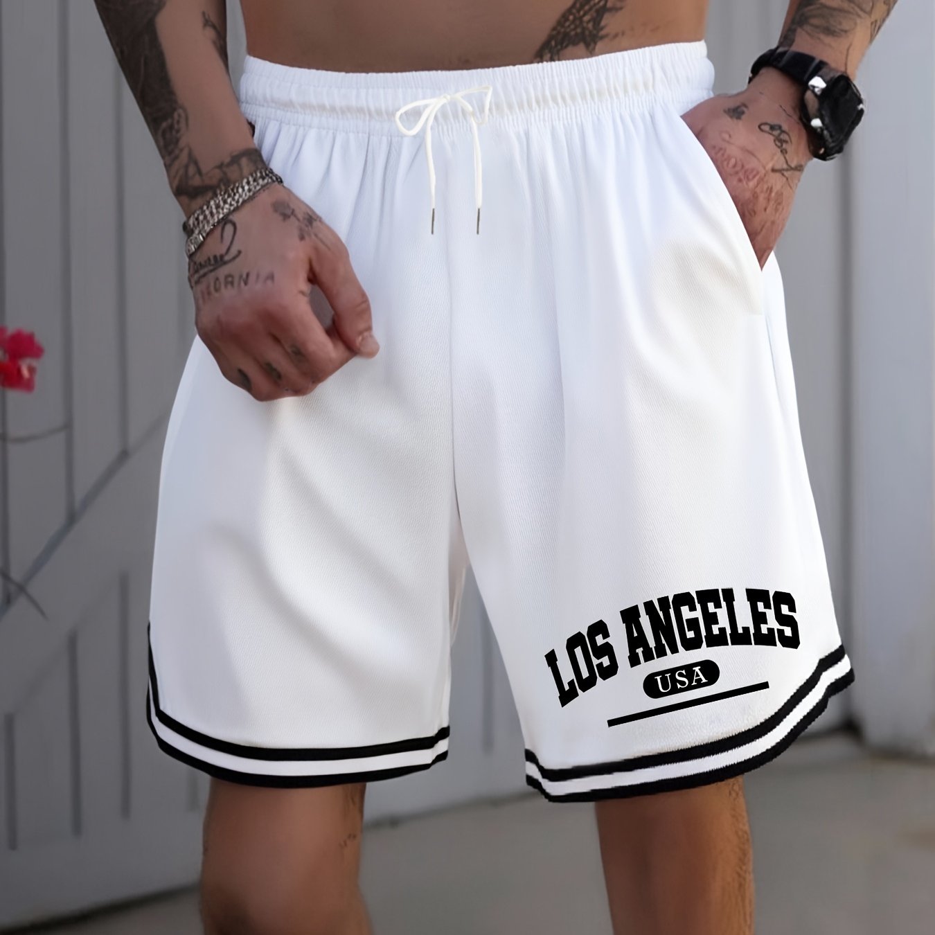 TEMU Men's Los Angeles Printed Basketball Shorts - Summer Casual Elastic Waist With Adjustable Drawstring, Lightweight Breathable Fabric, Loose Fit
