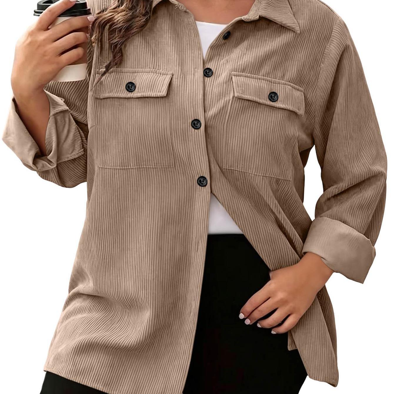 Image of Women's Corduroy Button- Shirt Jacket, Lapel Long Sleeve Shacket With Chest Pockets