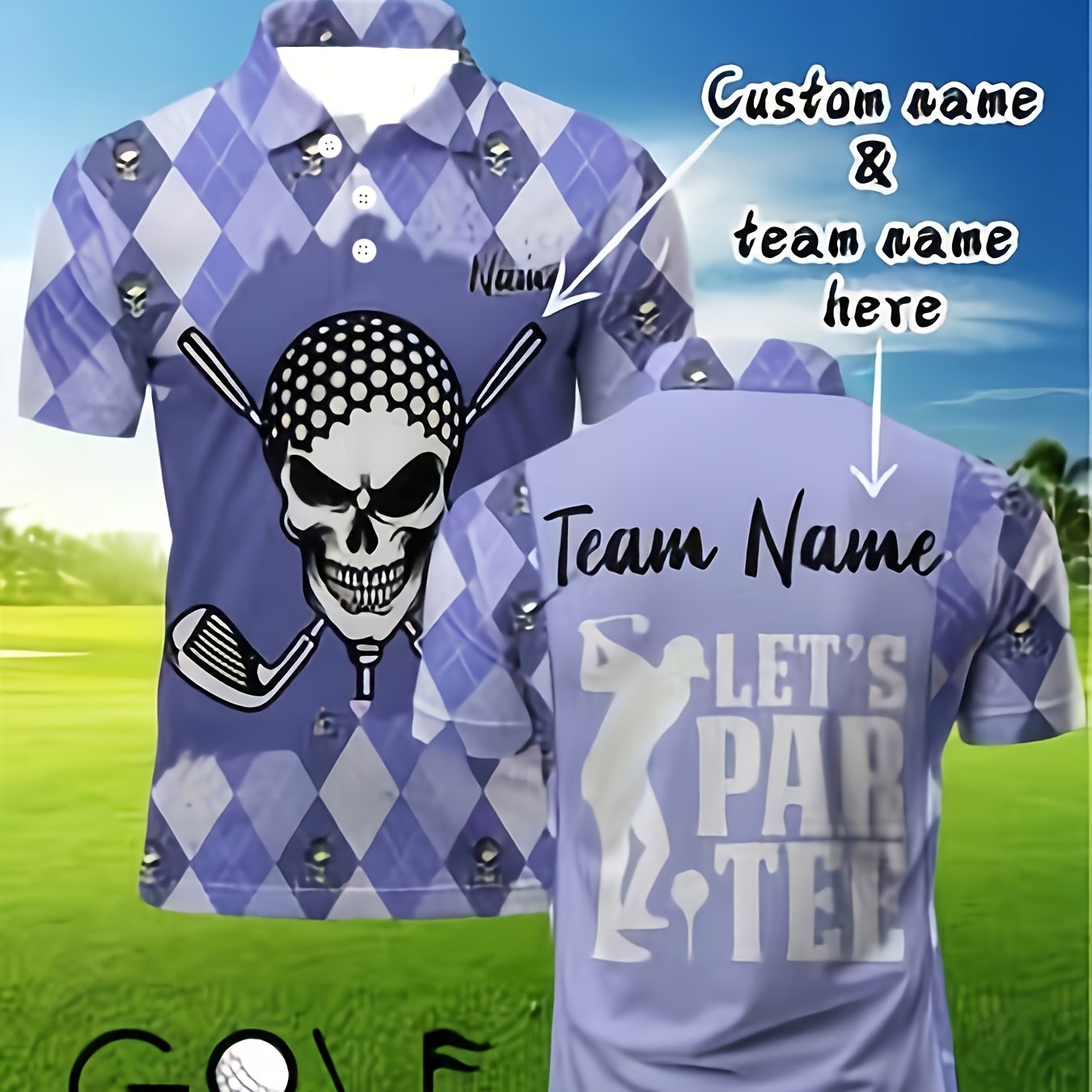 TEMU Custom Golf Shirts - Personalized Name And Team Prints, Breathable Short Sleeves, With Black And White Skull And Bone , Suitable For Golf