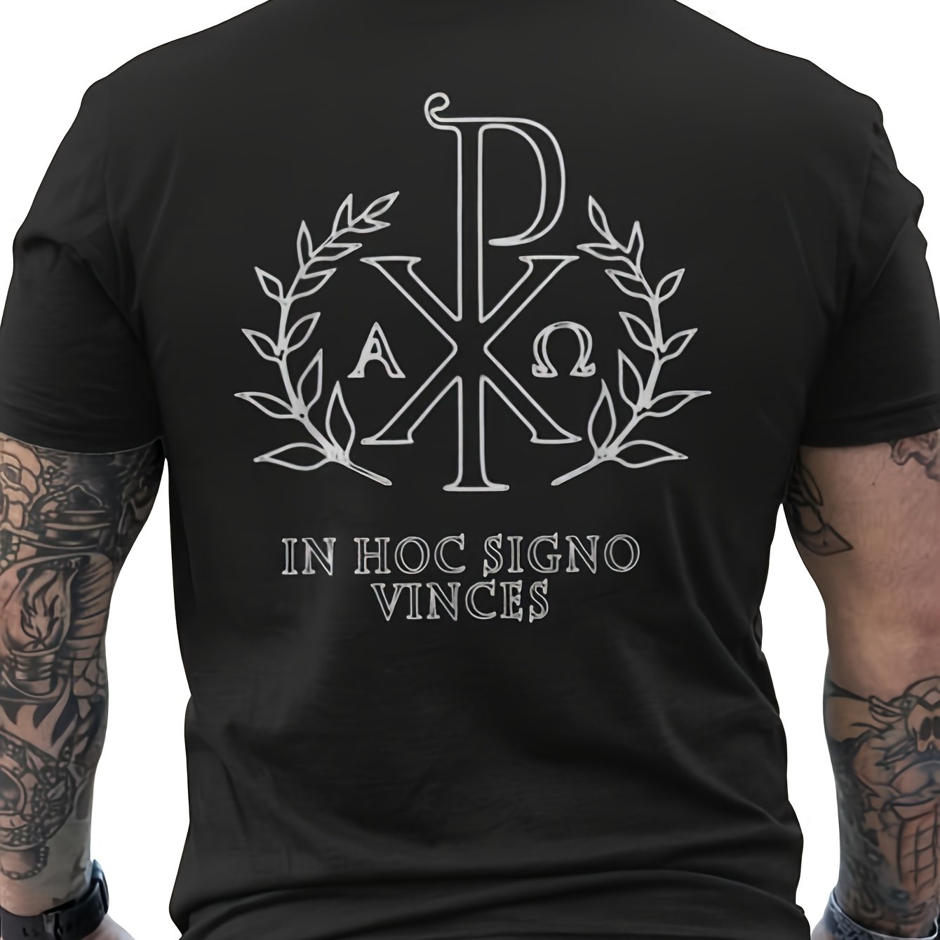 Men's Christogram Catholic Back Print T-shirt - Black Religious Tee With Latin , Christian Faith Apparel For Everyday & Special Occasions, Spiritual Gift For Catholics, Casual Wear, B