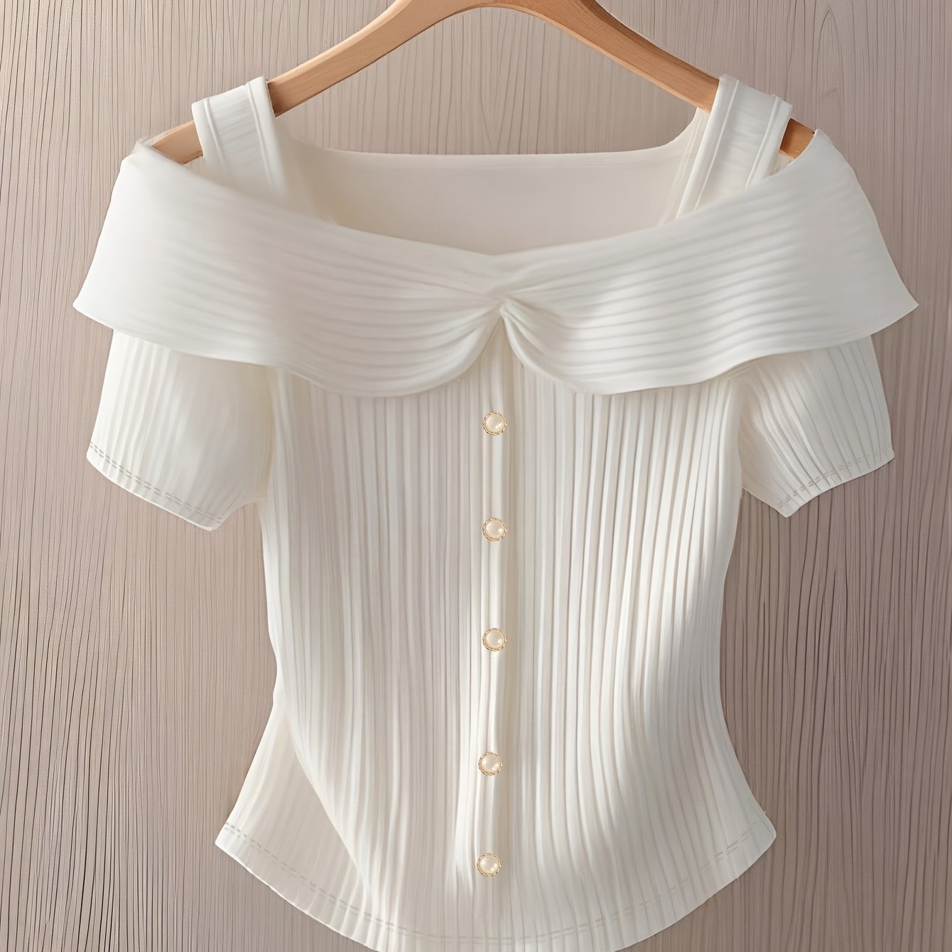 E-shop Modisches elegantes Damen-T-Shirt mit Rüschenbesatz, Knopfleiste, schmaler Passform kurzen Ärmeln