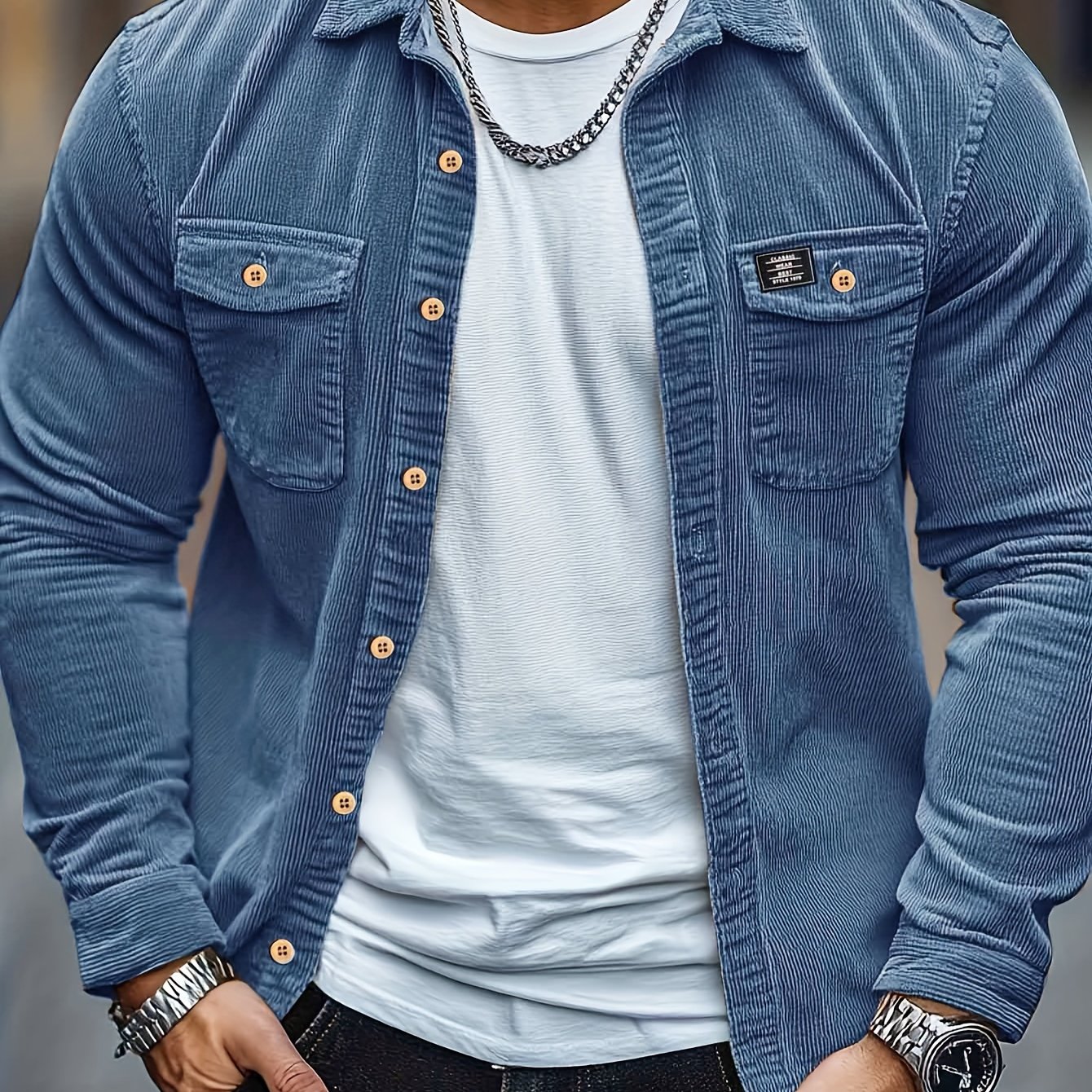 Image of Corduroy Men's Casual Shirt With Lapel, Button-up Open Cardigan, Double Pocket Woven Label Design Suitable For Daily Casual Fashion, Minimalist Outdoor Street Trendy Spring/autumn Long Sleeve Shirt