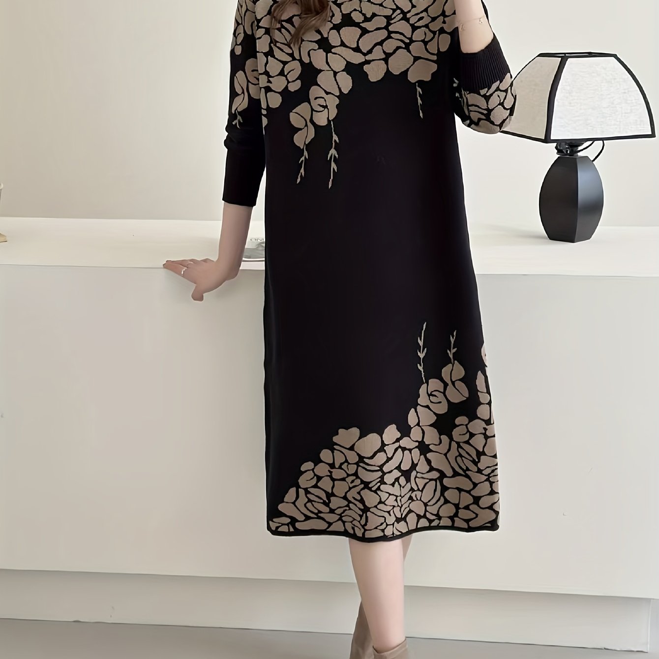 TEMU Plus Size Middle-aged Mom Sweater Dress Women's Fall Winter Base Layer Mid-length Base Shirt Plus Size Printed Dress, Elegant Sweater Dress