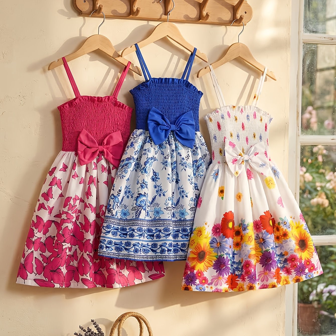 Image of 3pcs Set Of Girls' Summer Bow Decor Floral Print Ruched Waist Cami Dress, Kids' Bohemian Dress