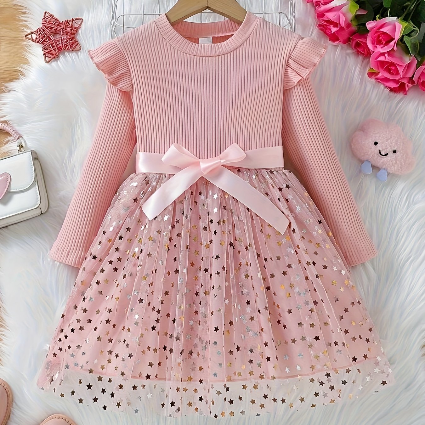 Girls' Elegant Star-shaped Mesh Lace Skirt Round Neck Knit Long Sleeve Princess Dress With Belt, Puff Dress Gown, Christmas, Valentine's Day Gift, Holiday Party, Gathering/birthday/evening/casual Wear