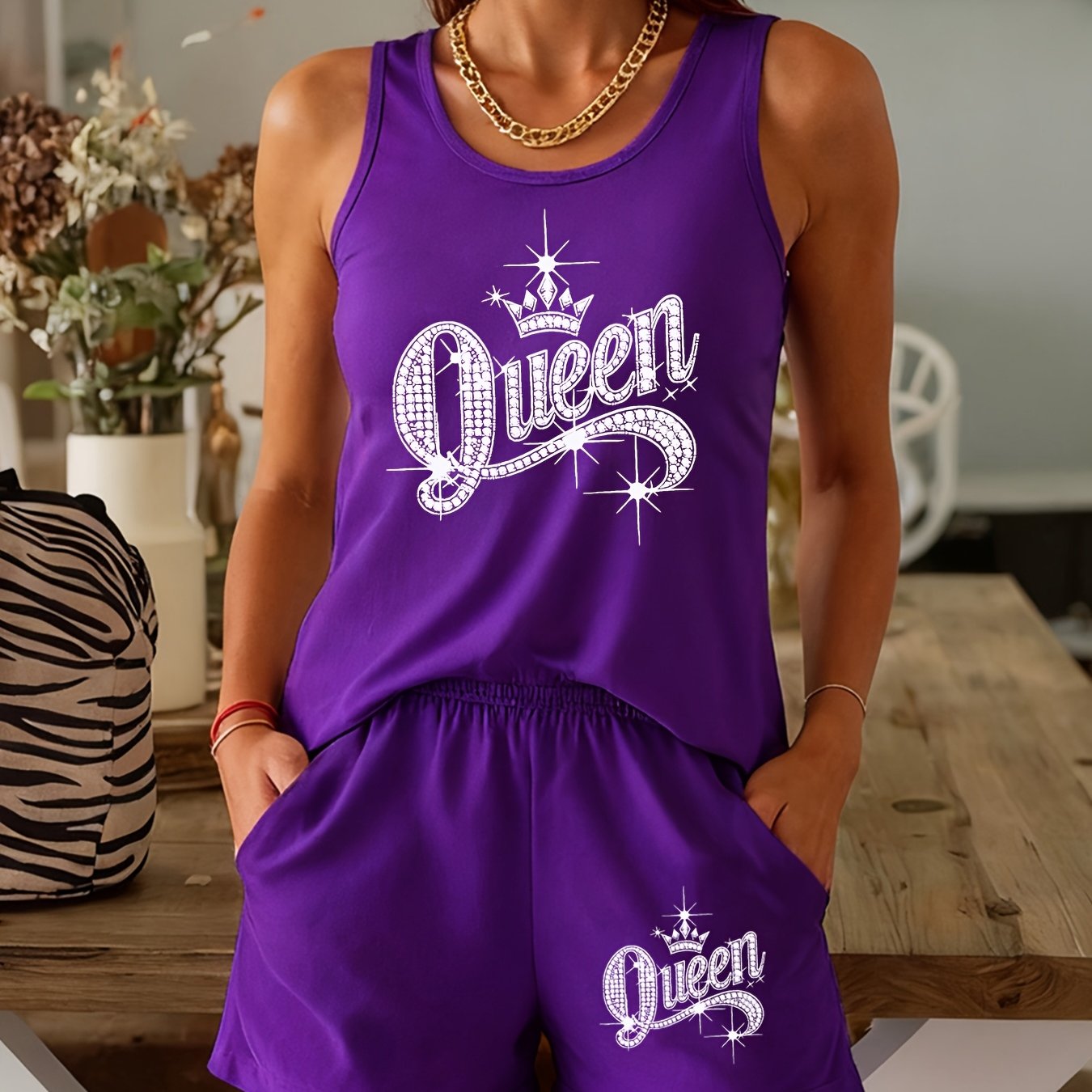 TEMU Rhinestone Queen Vest 2pcs Set, Sleeveless Shorts, Style Wear, Comfortable Women's Fashion Clothing - Soft And Breathable, Machine Washable,