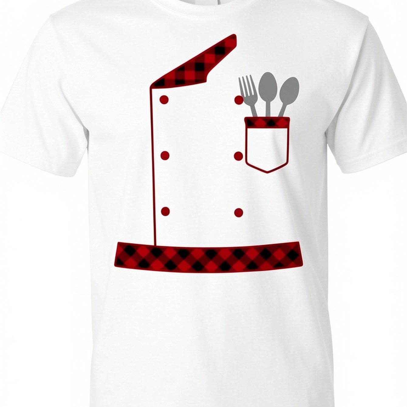 Image of Casual Men's T-shirt With Red Chef Jacket And Utensils Design For Cooking Enthusiasts And Food Lovers, Perfect For Kitchen Wear Or Gift For Chefs And Cooks